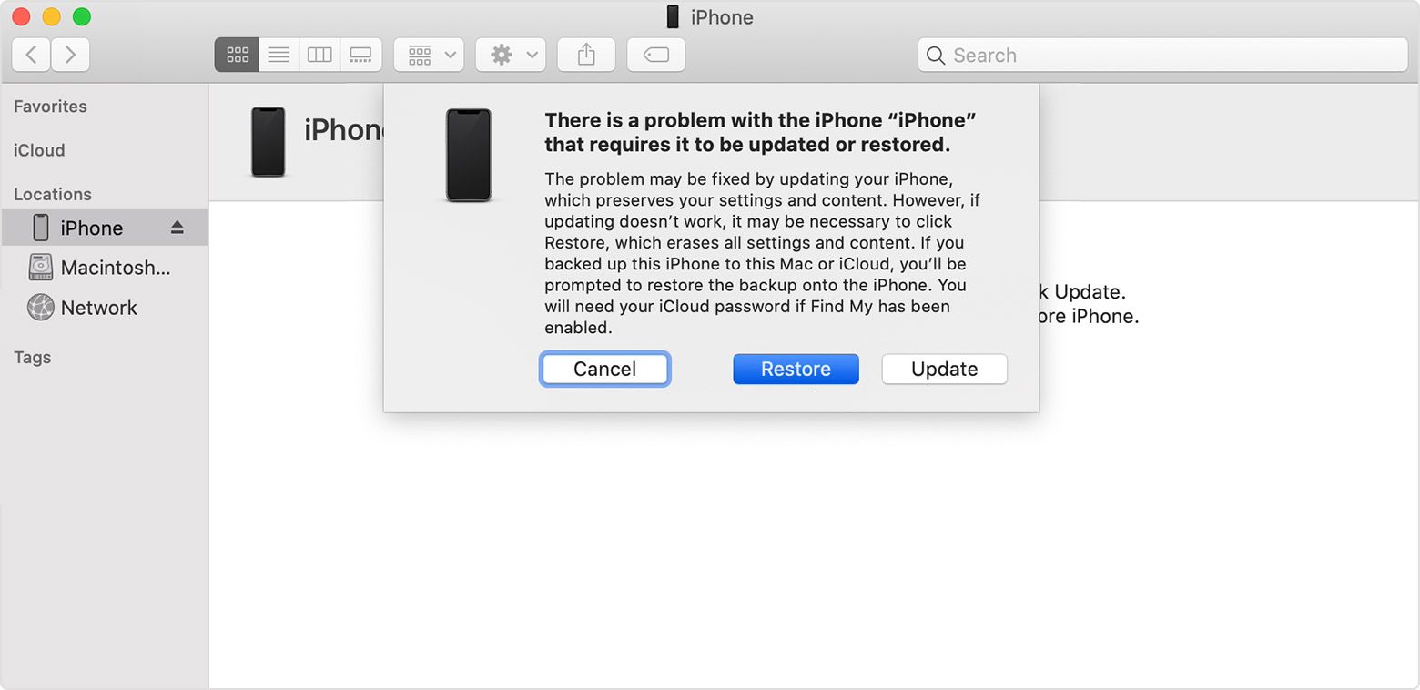 Pop-up para restaurar o iPhone