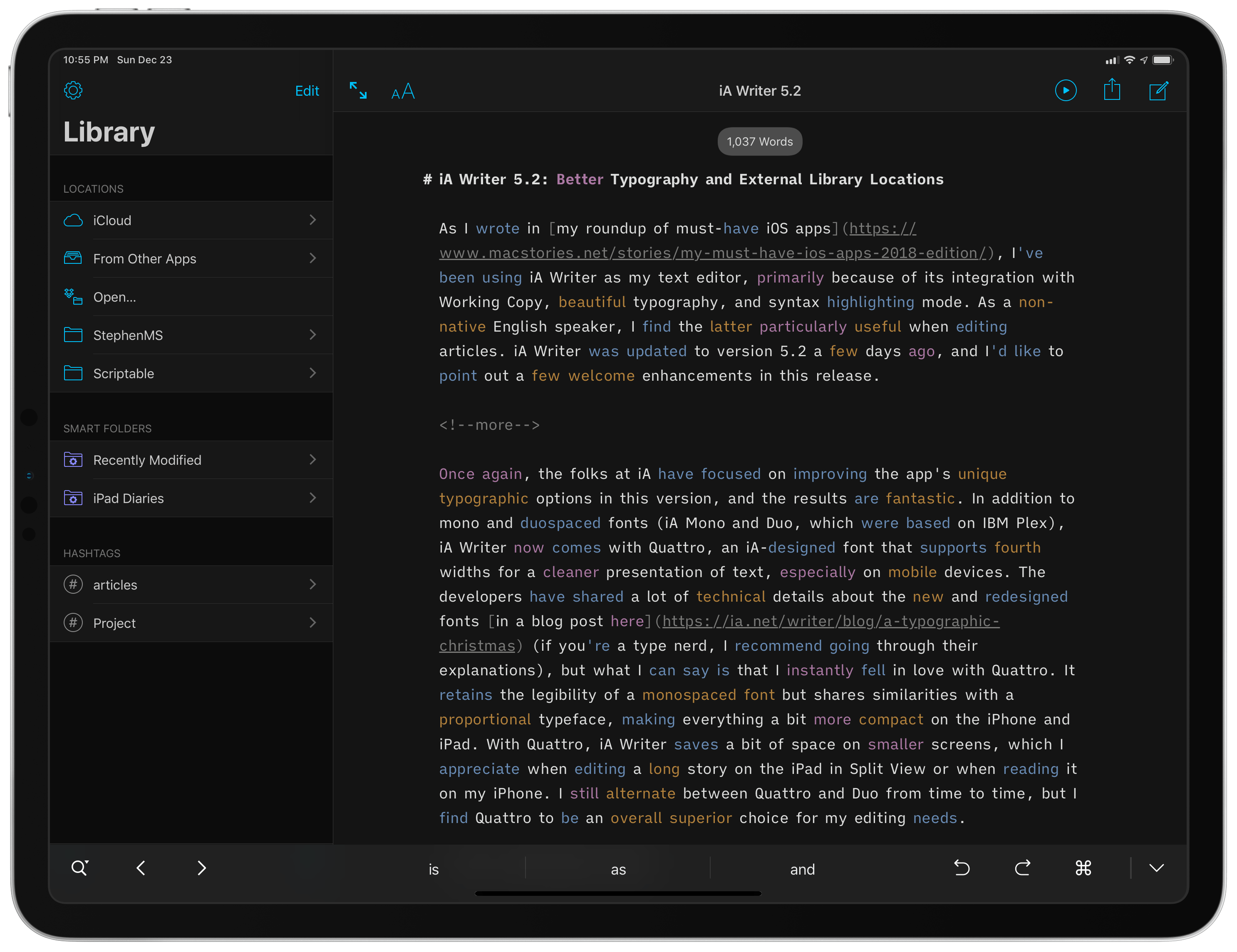 iA Writer no iPad.