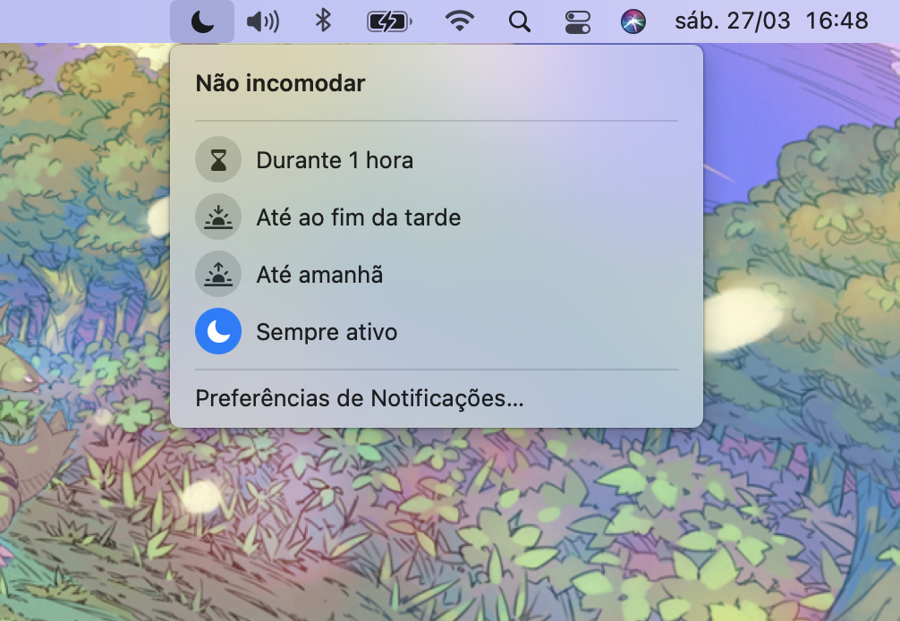 Modo 'Não Incomodar' na barra de menus do macOS Big Sur