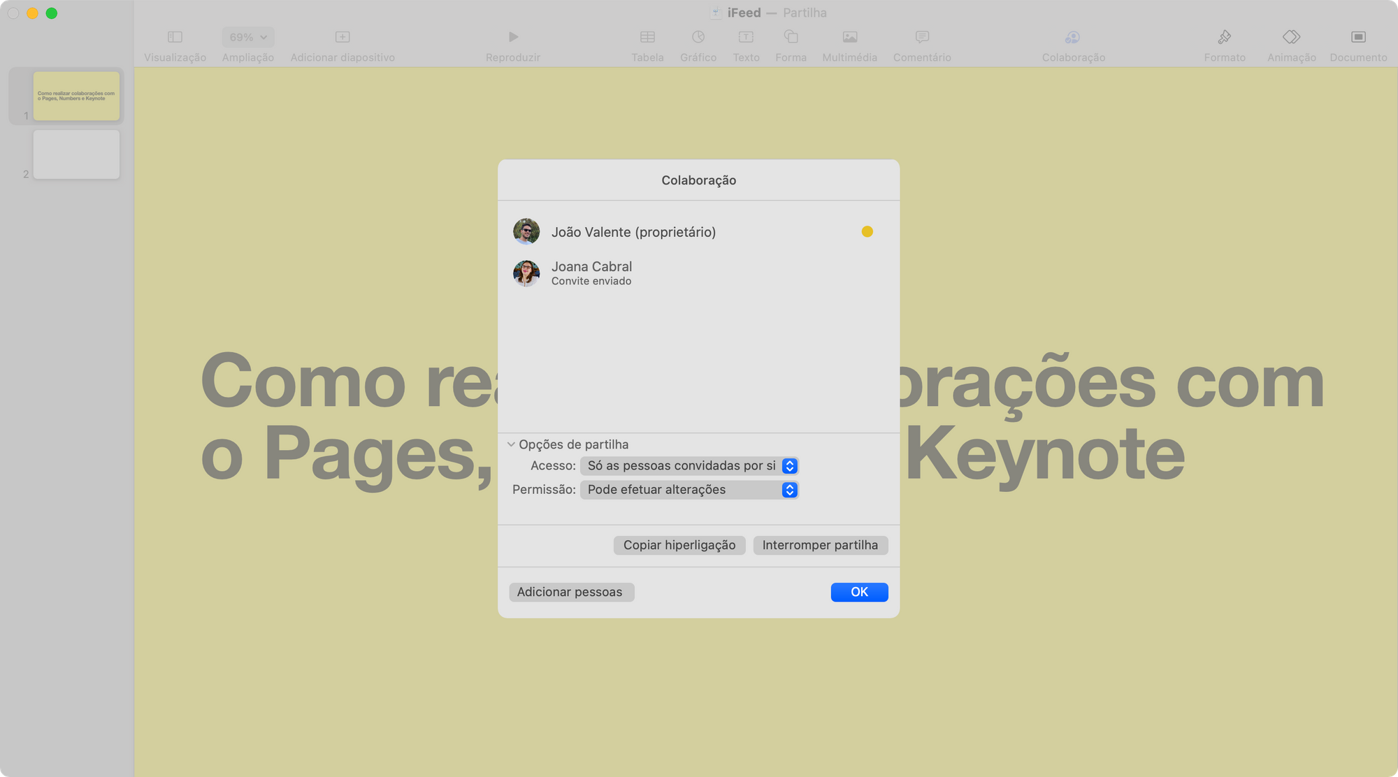 Opções de Colaboração no Keynote, Numbers e Pages da Apple