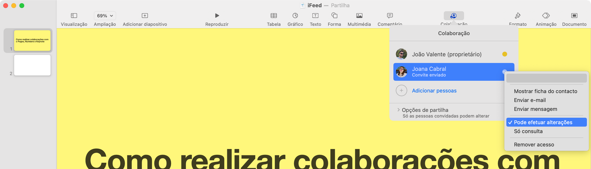 Alterar opções de colaboração no Keynote, Numbers e Pages da Apple