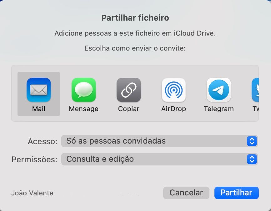 Vista de partilha de ficheiro no Keynote, Numbers e Pages da Apple