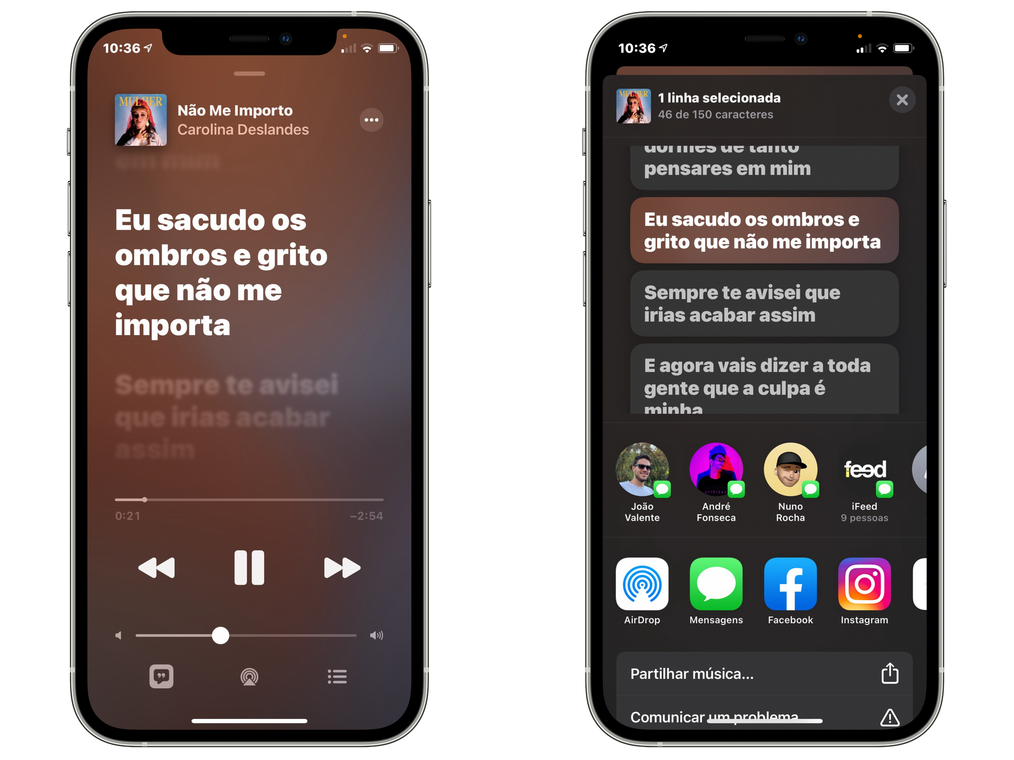 Partilha da letra na aplicação Música no iOS 14.5