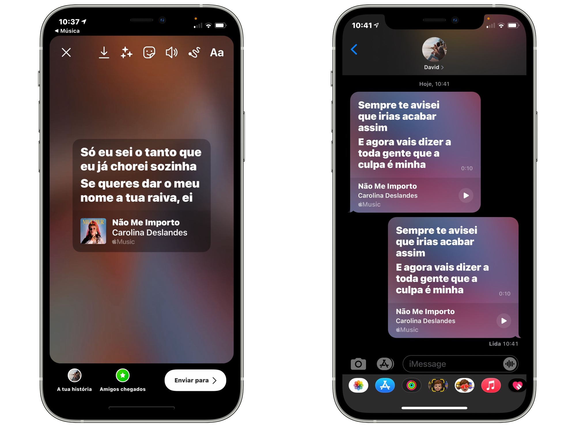 Partilha da letra no Instagram e iMessage através da aplicação Música no iOS 14.5 