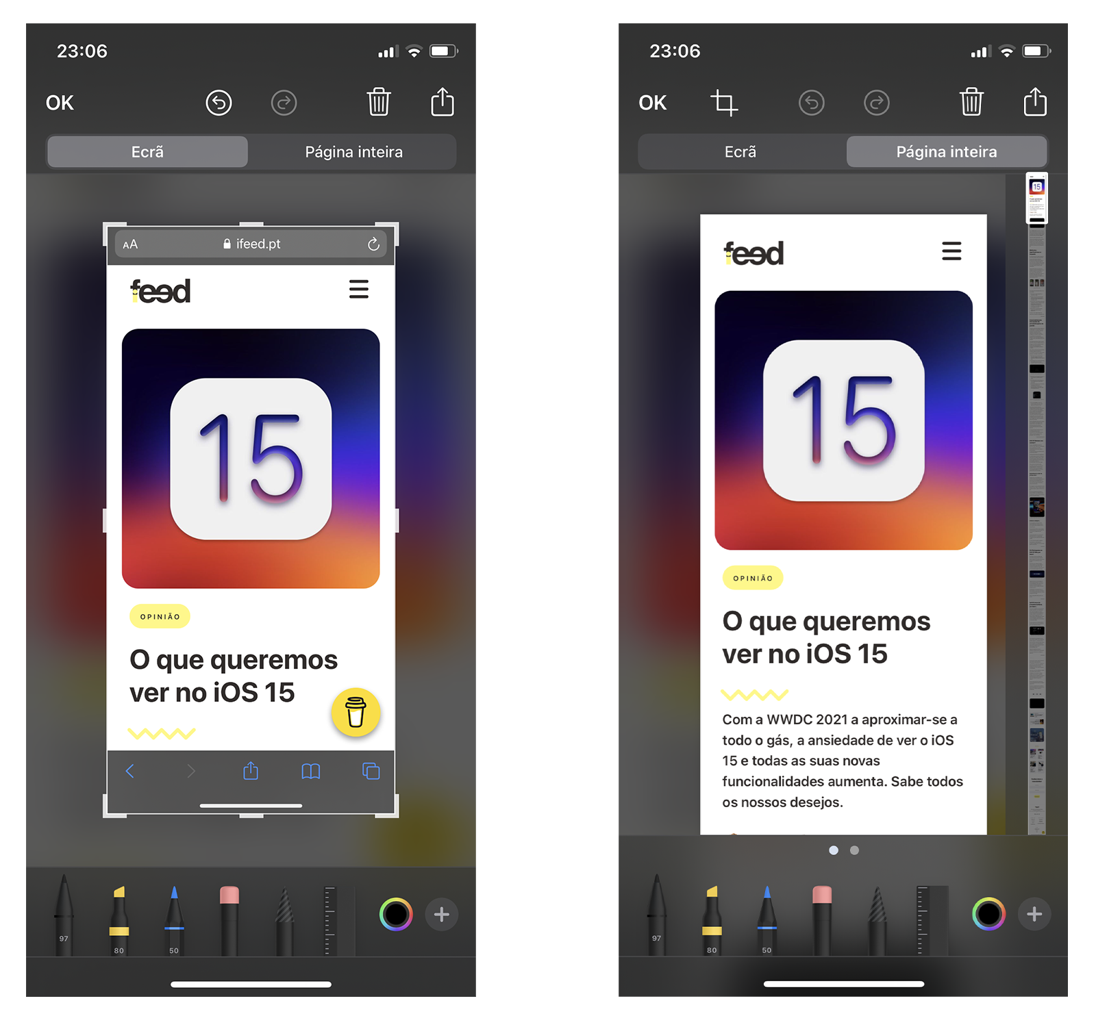 Tirar capturas de ecrã a uma página web inteira no Safari iPhone iOS