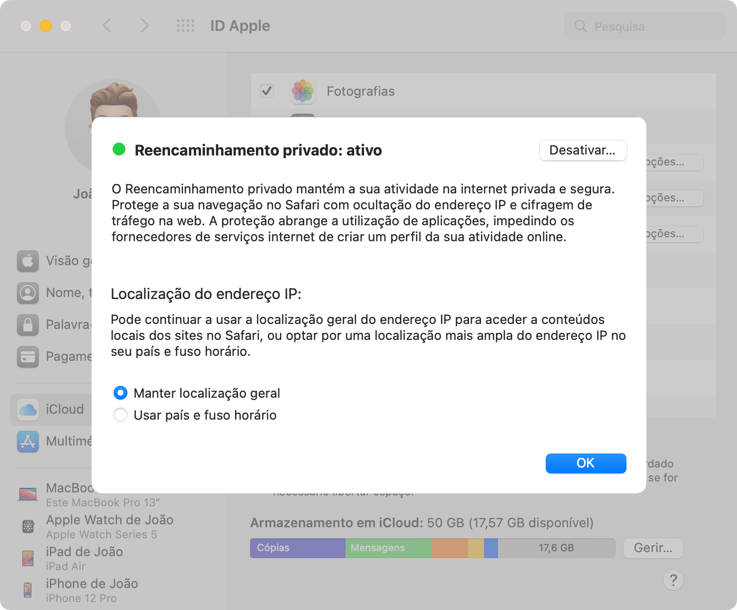 Janela do Reencaminhamento privado do iCloud no beta 2 do macOS Monterey