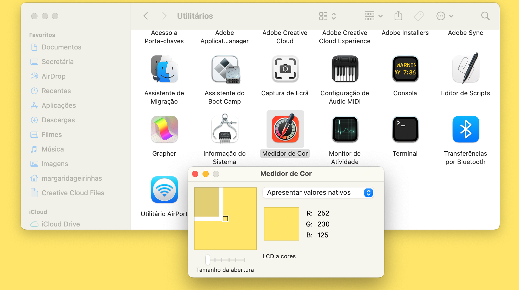 Captura de ecrã da pasta de Utilitários e do Medidor de Cor no Mac.