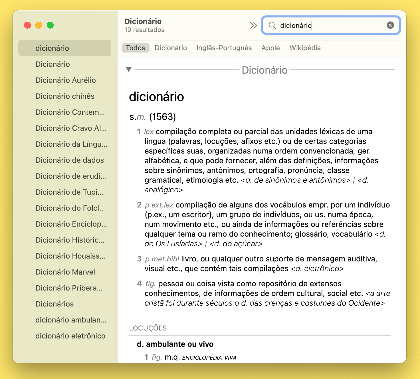 Captura de ecrã da aplicação Dicionário no Mac com informações sobre a palavra "dicionário".