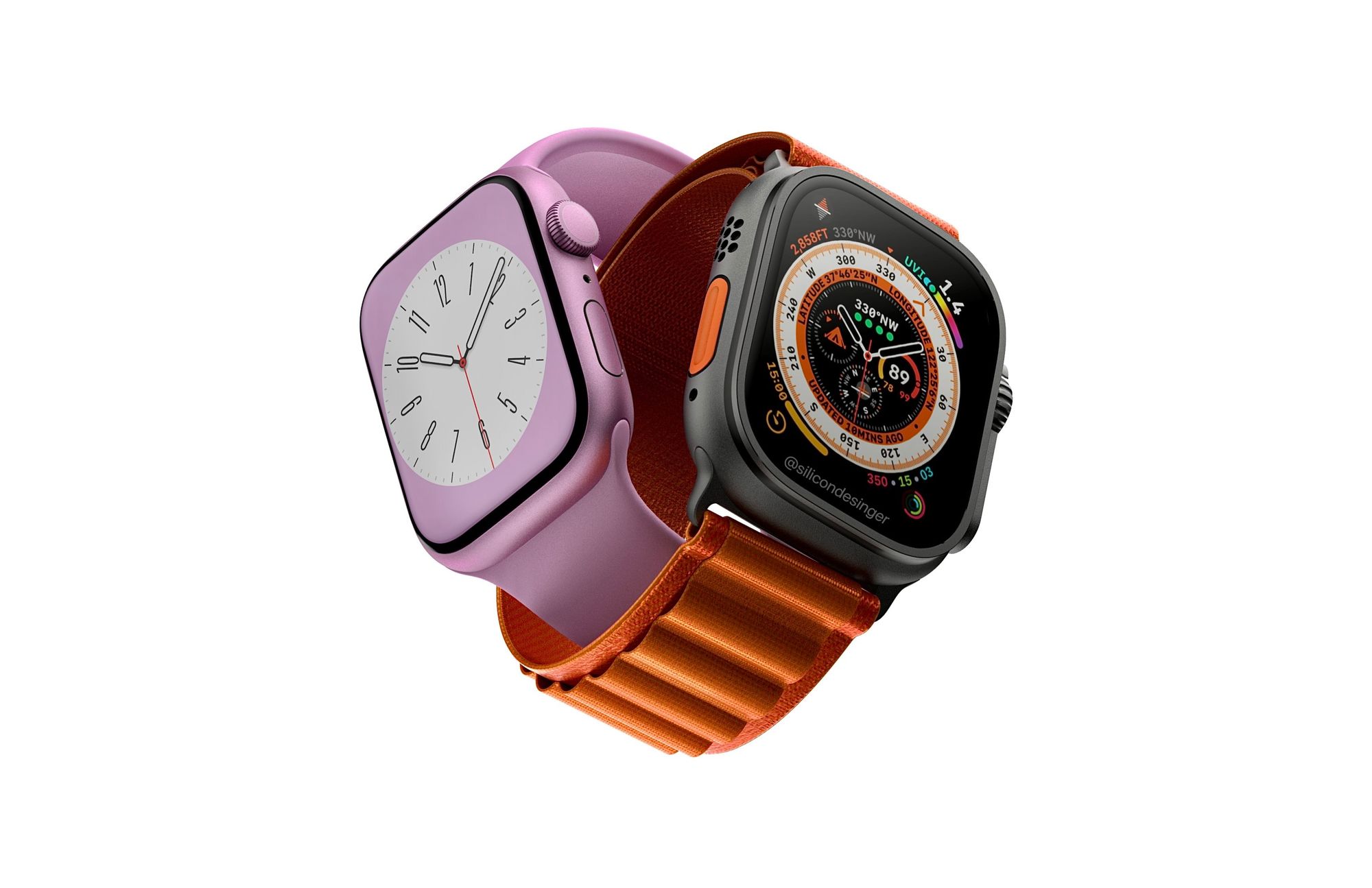 Apple Watch Series 9 na cor rosa e Apple Watch Ultra 2 na cor preto titânio, dizem os rumores.