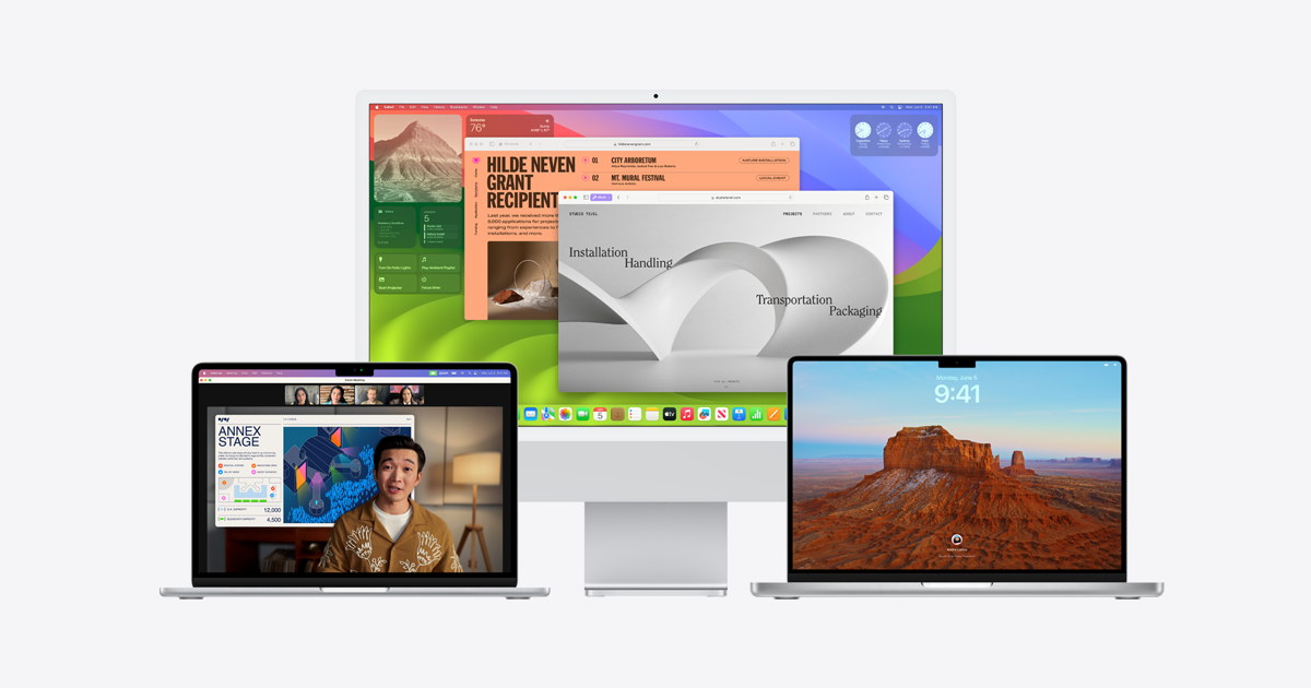 Dois MacBooks (esquerda e direita) e um iMac ao centro num fundo branco, cada um antevendo novas funcionalidades do macOS Sonoma.