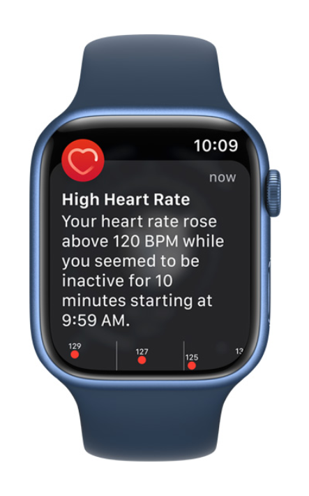 Apple Watch a indicar batimento cardíaco elevado e inatividade de 10 minutos.