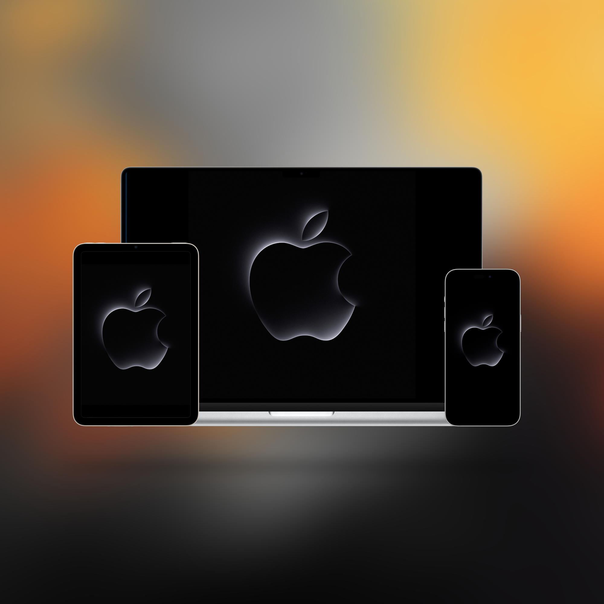 Mockup de um iPad, um Mac e um iPhone (da esquerda para a direita) com o logo da Apple presente no convite para o "Scary Fast".