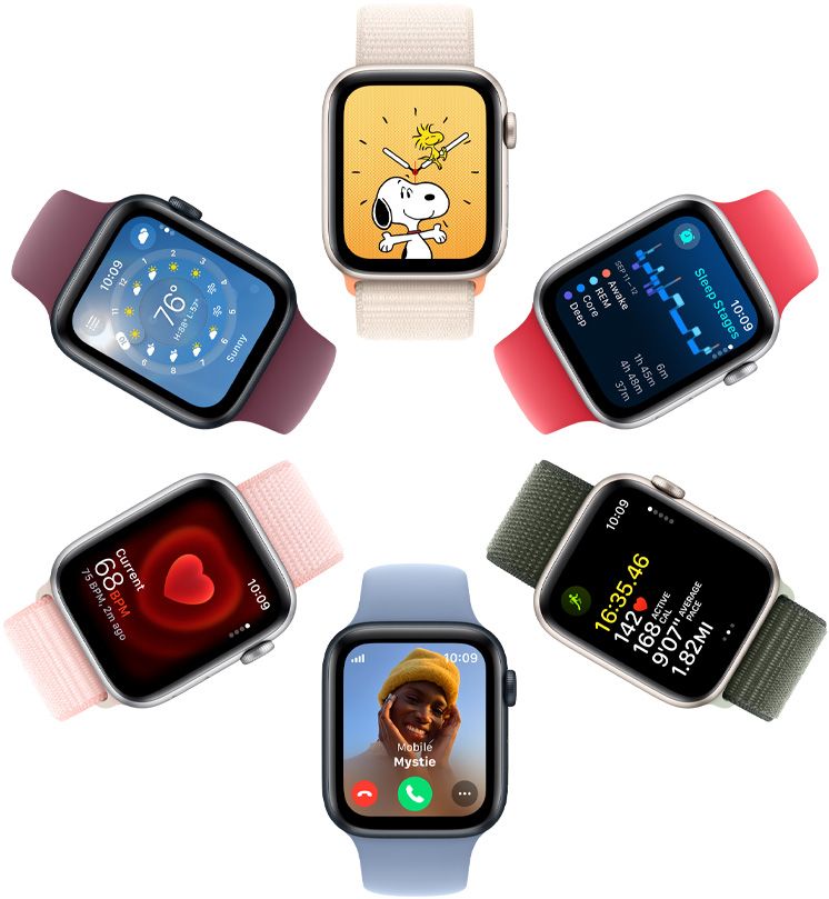 Vista de cima de 6 modelos do Apple Watch SE em círculo.