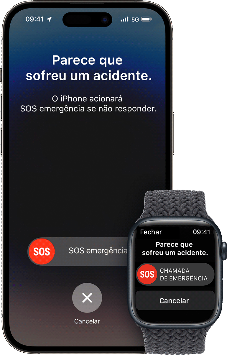 iPhone e Apple Watch lado a lado com a deteção de acidente ativa.