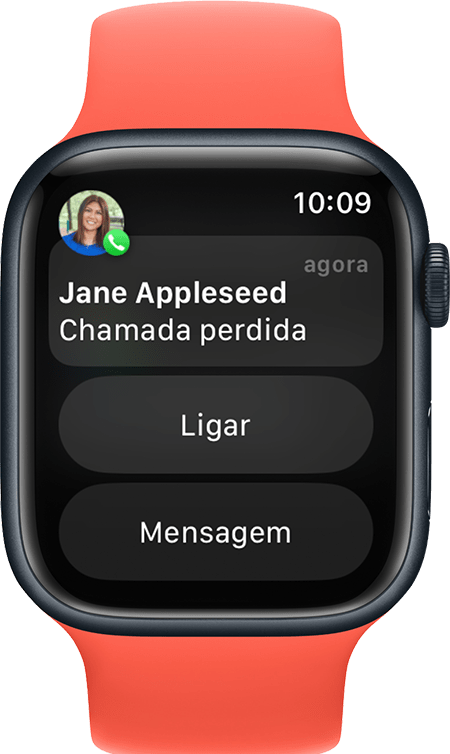 Apple Watch com uma chamada perdida de Jane Appleseed e as opções de ligar ou mandar mensagem.