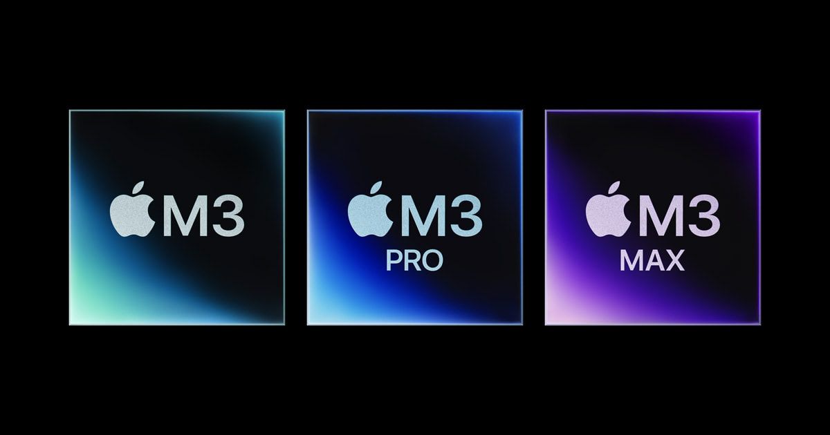 3 quadrados que representam a linha de chips M3 da Apple com o logo da empresa à esquerda do nome de cada um: M3, M3 Pro e M3 Max (da esquerda para a direita).