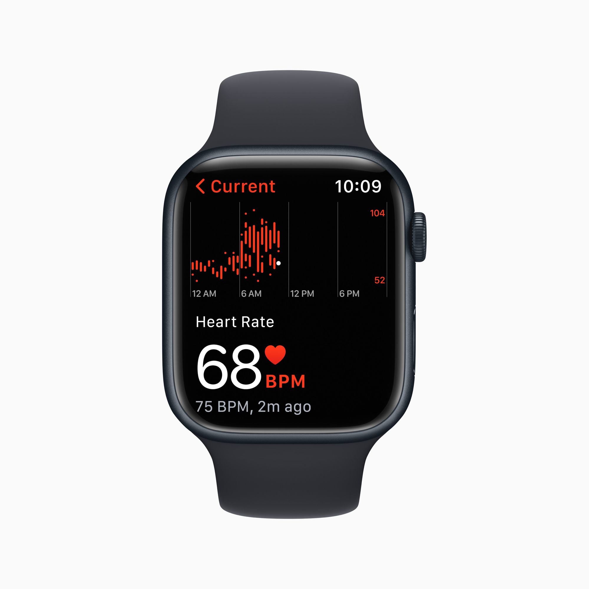 Apple Watch configurado em inglês com indicação dos batimentos cardíacos.