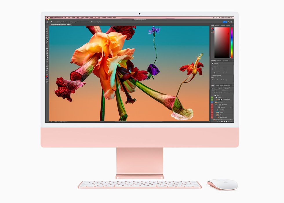 iMac de 24 polegadas com o Adobe Photoshop aberto e uma imagem de flores a ser editada.