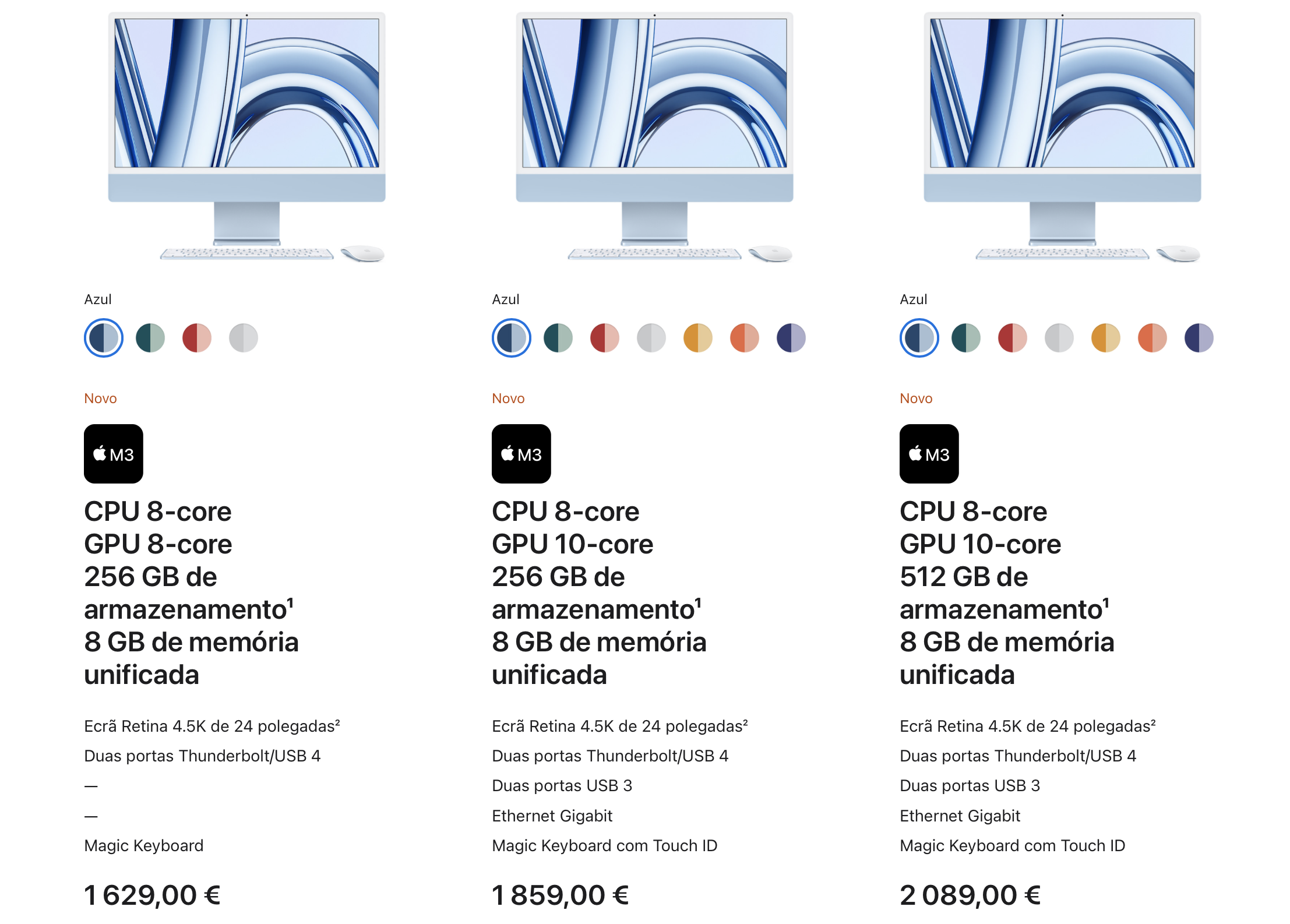 Captura de ecrã do site da Apple com as opções de preço para o iMac de 24 polegadas com M3 consoante as características desejadas.