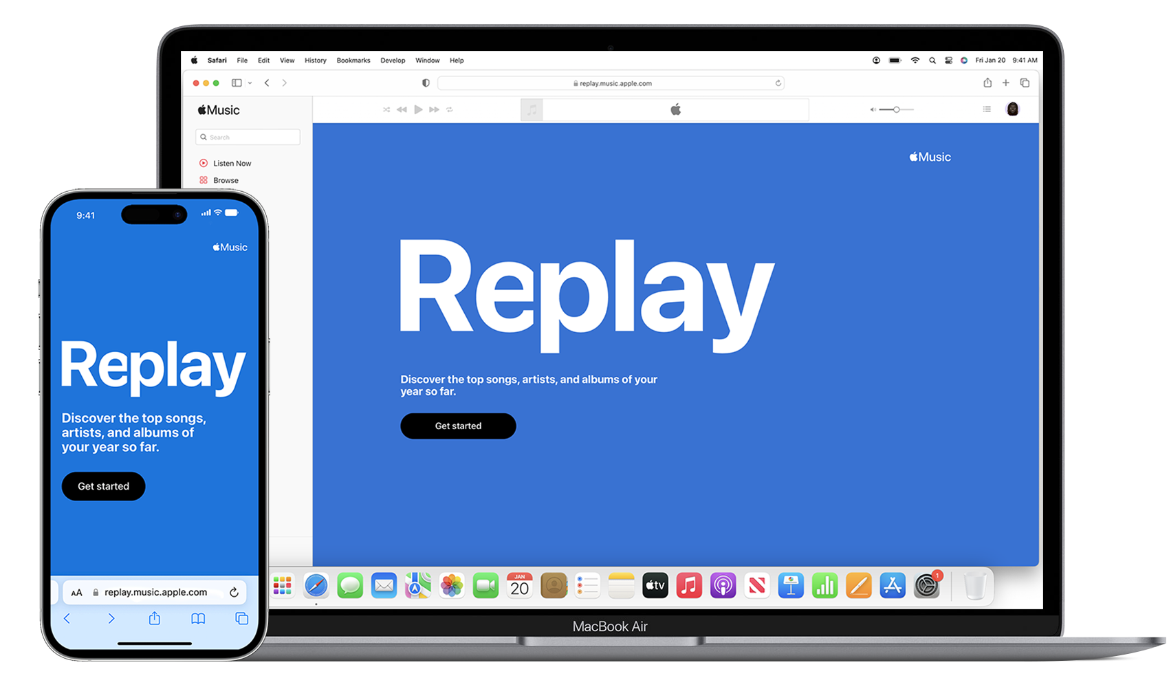 iPhone à esquerda de um MacBook Air, ambos mostrando o ecrã inicial do Apple Music Replay.