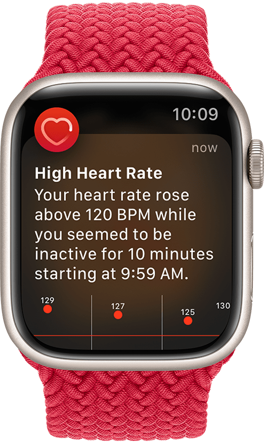 Exemplo de notificação de ritmo cardíaco elevado num Apple Watch com bracelete entrançada.
