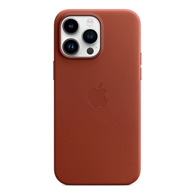 iPhone 14 Pro Max visto de costas com uma capa de pele.
