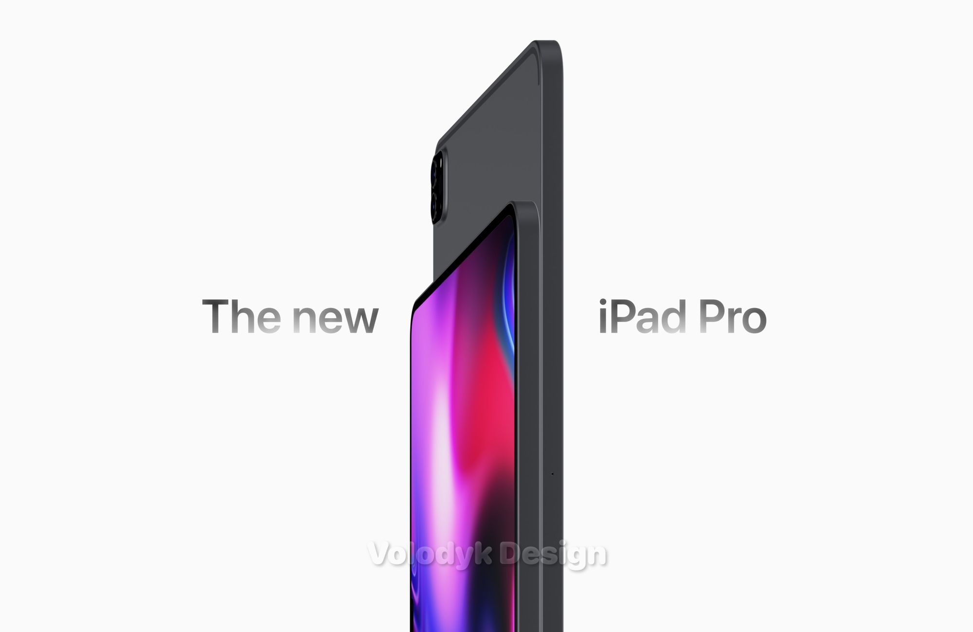 Duas unidades de um conceito de um novo iPad Pro encostadas. Vemos o ecrã do iPad da esquerda e a traseira do da direita, que está mais acima.