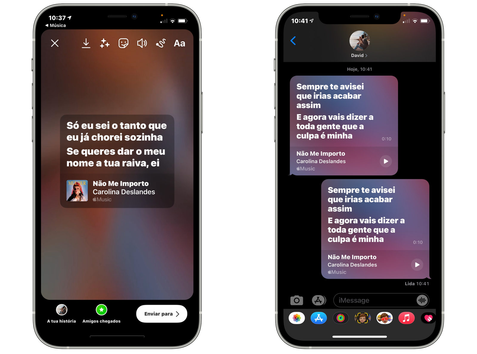Partilha da letra no Instagram e iMessage através da aplicação Música no iOS 14.5