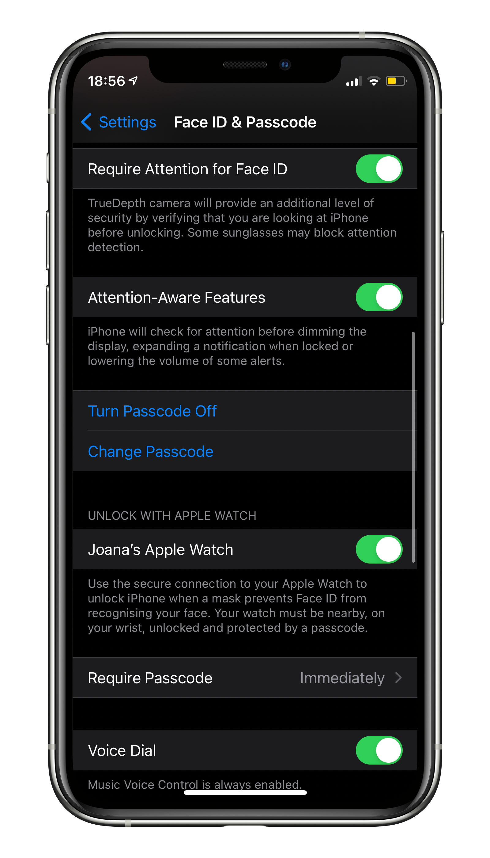 Definições do FaceID e Código