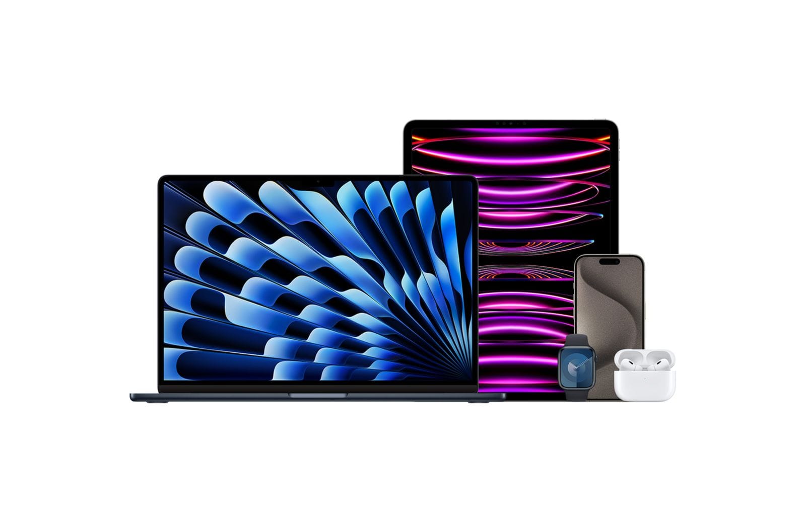 MacBook Air ao lado de um iPad Pro, um iPhone 15 Pro, uns AirPods Pro e um Apple Watch Series 9