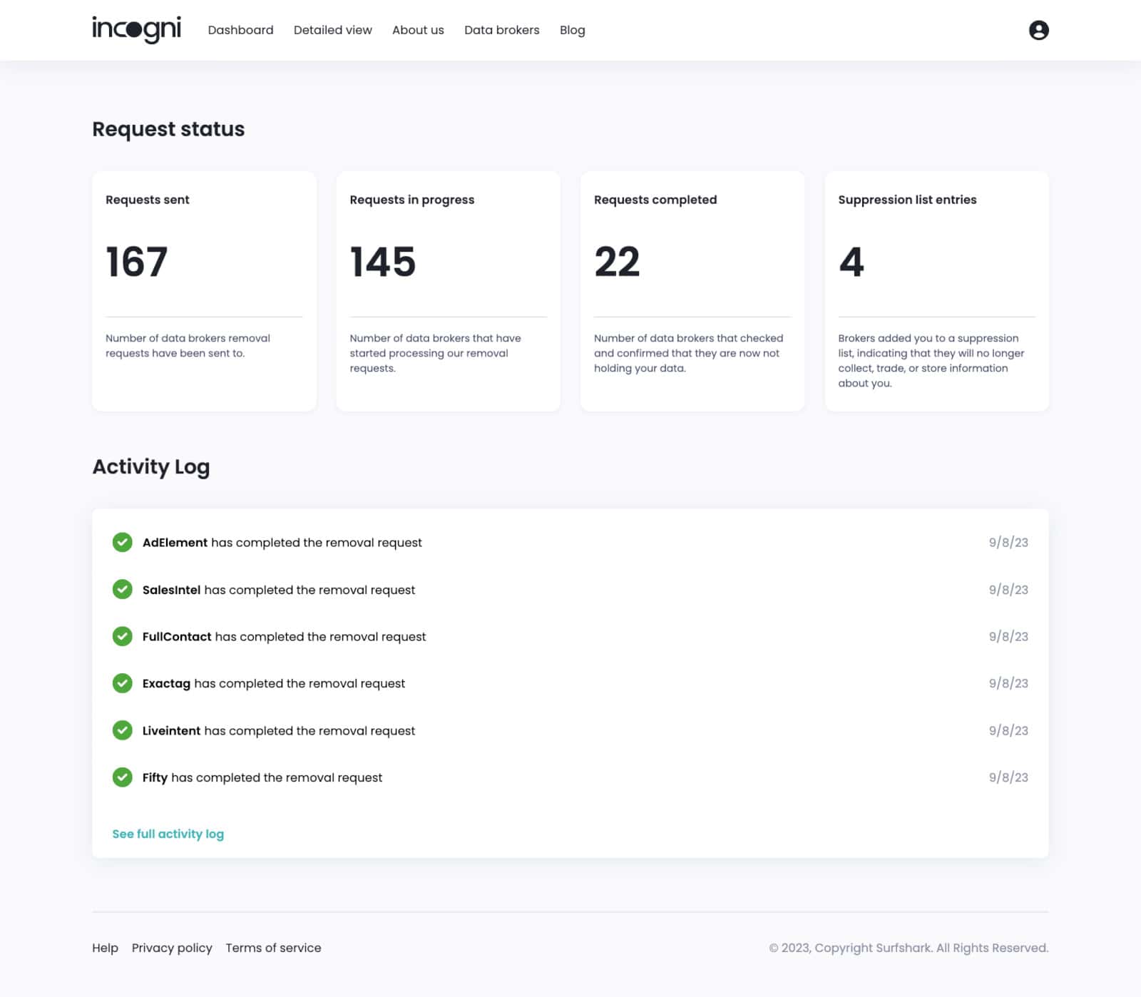 Site do Incogni com uma exemplificação dos pedidos de remoção de dados feitos pelo serviço junto dos data brokers.