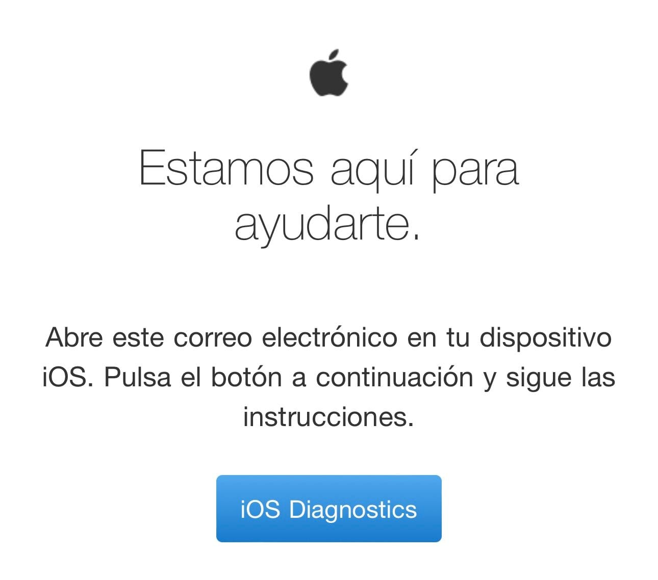 Captura de ecrã do e-mail de diagnóstico do dispositivo do AppleCare+ com o botão "iOS Diagnostics".