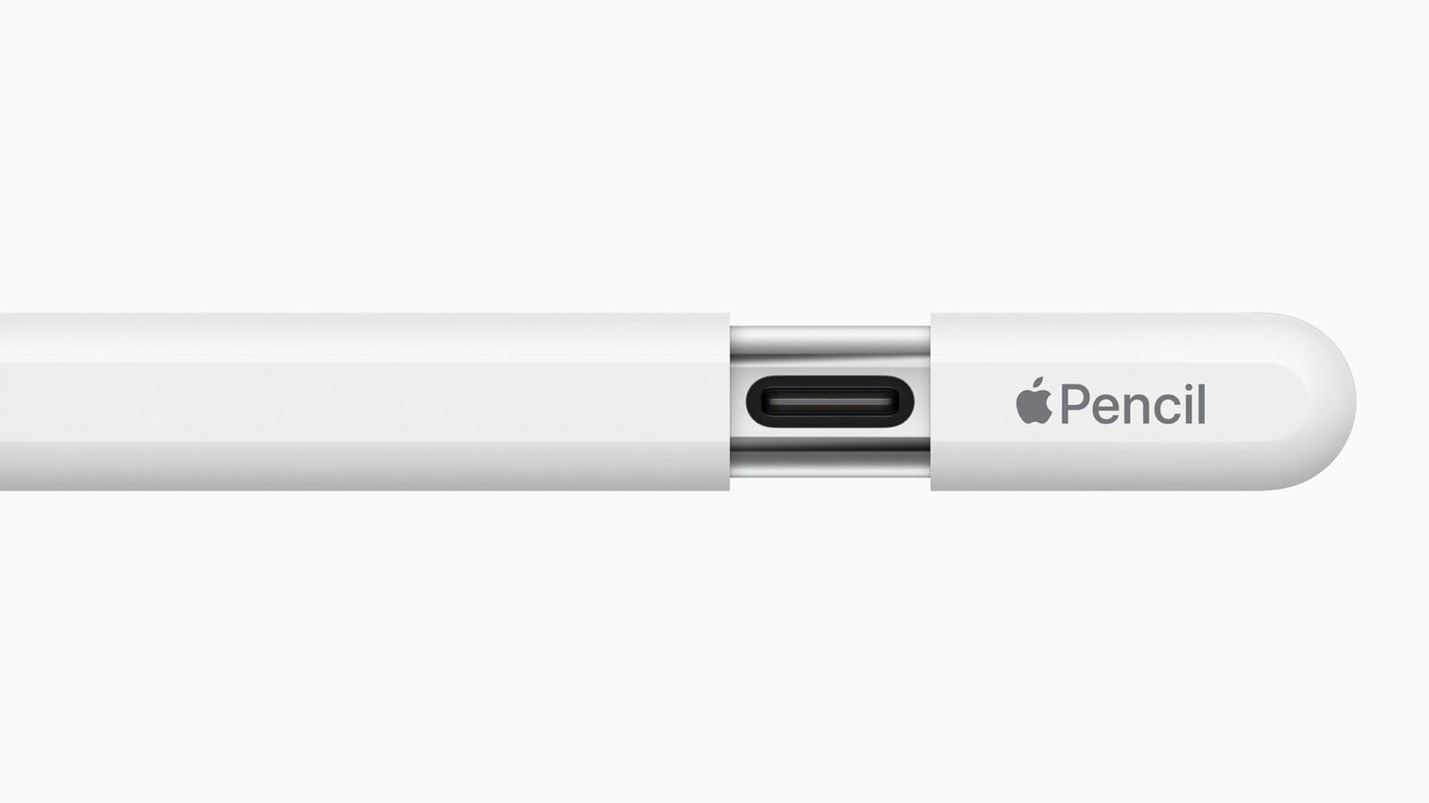 Entrada USB-C do novo Apple Pencil revelada pela tampa deslizante na qual se vê o logo da Apple com a palavra "Pencil" ao lado.