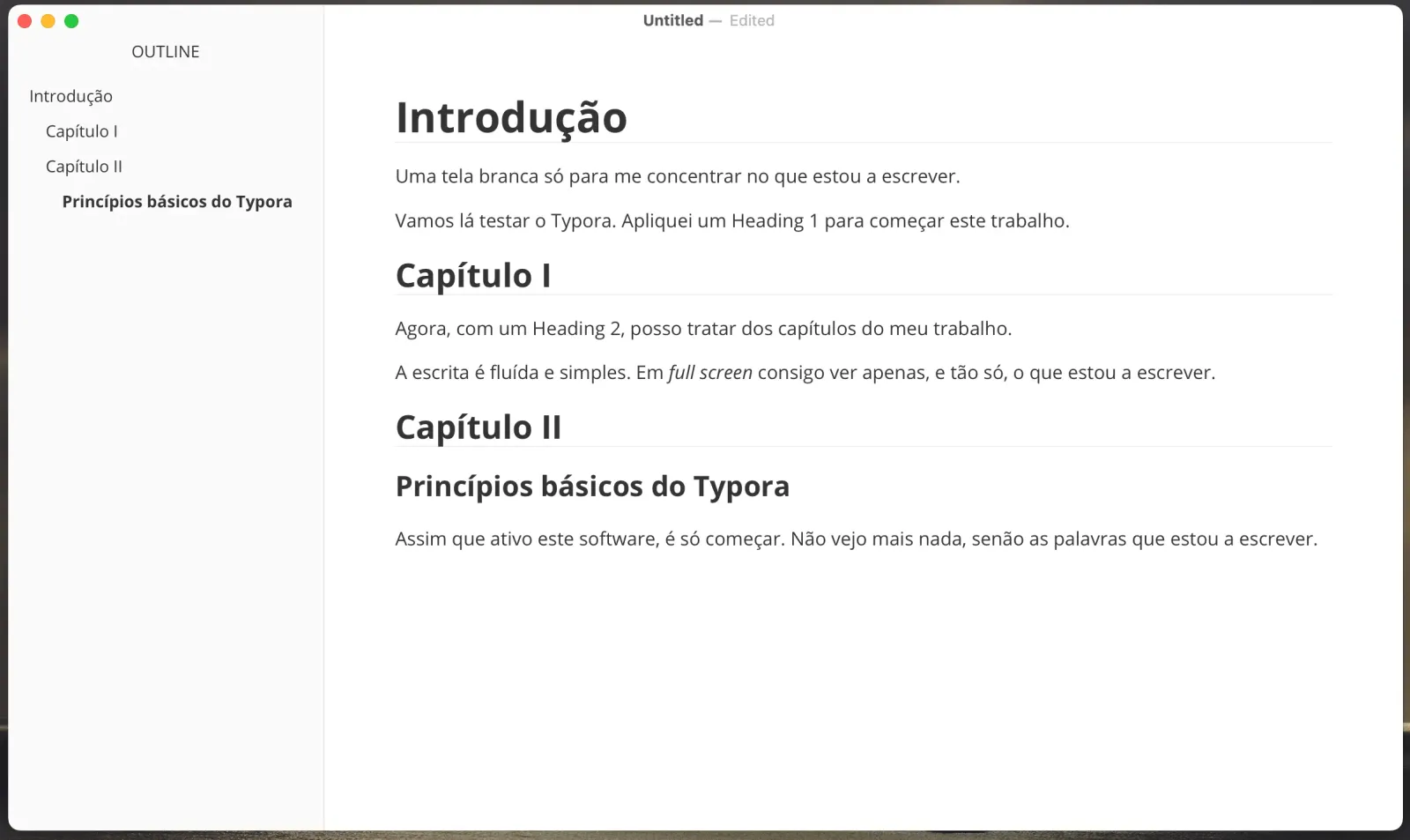 Ecrã do Typora já com texto escrito e barra lateral ativada