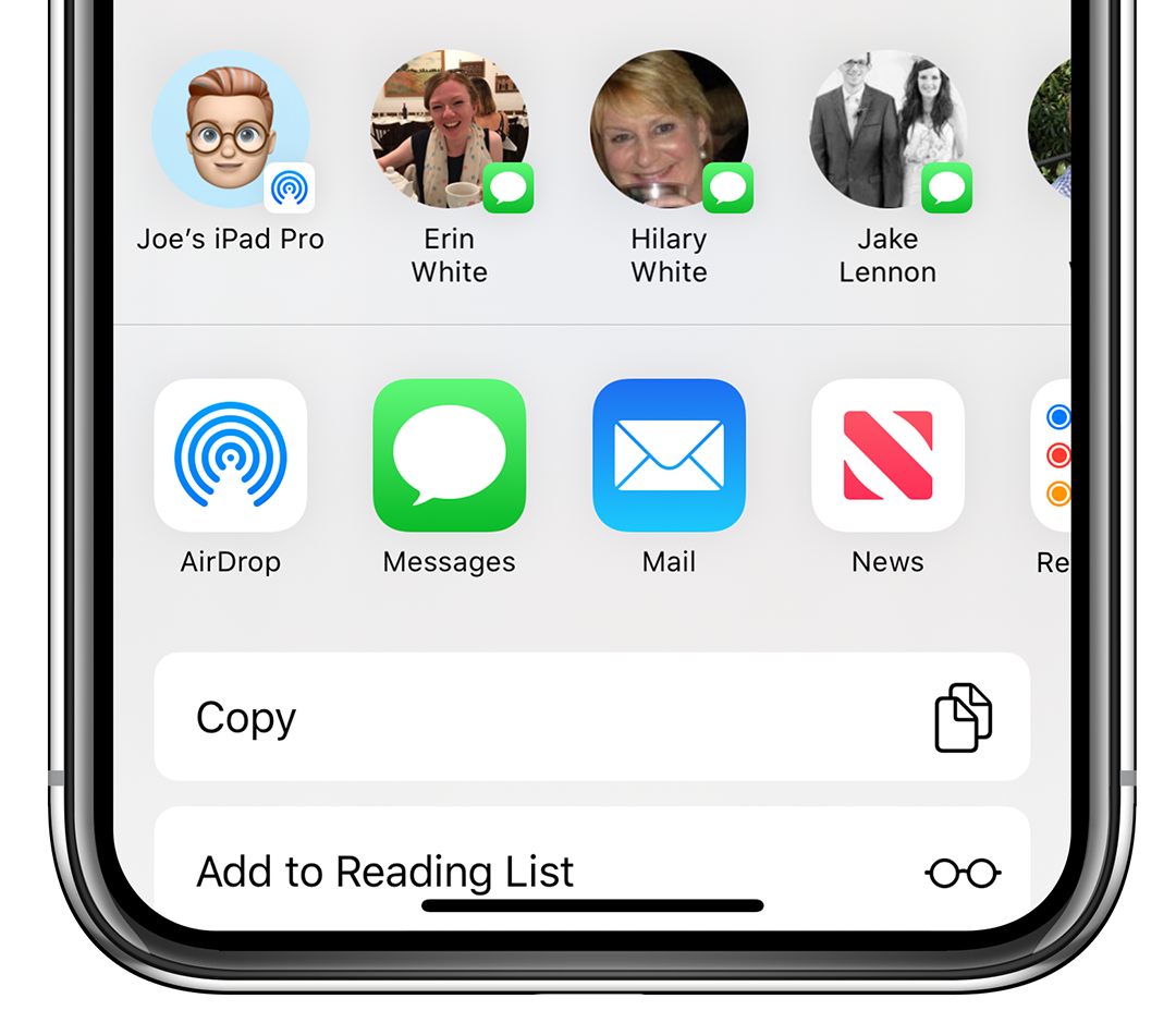 Captura de ecrã cortada com uma moldura de iPhone à volta a mostrar a Folha de Partilha.