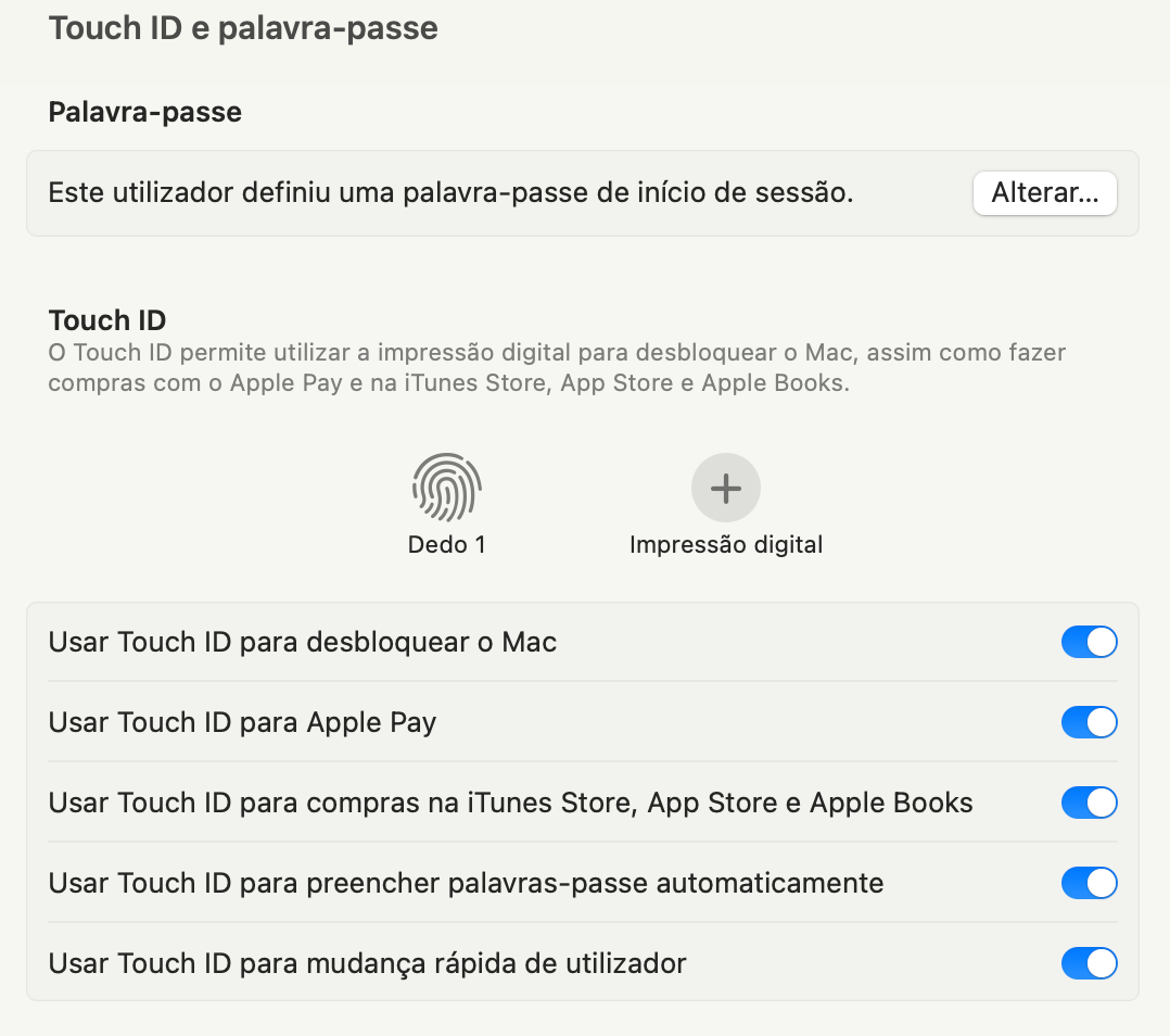 Captura de ecrã da secção "Touch ID e palavra-passe" das Definições do Sistema do Mac com todas as opções de utilização do Touch ID ativadas. 