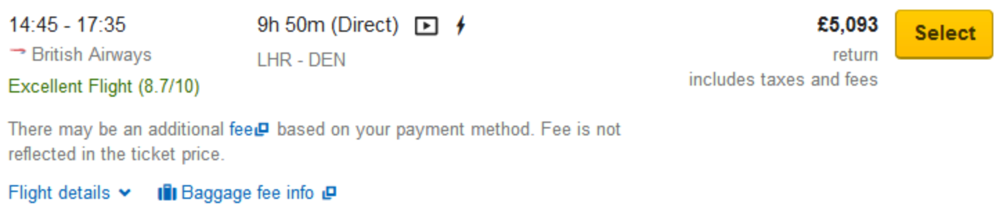 Captura de ecrã do preço de um voo de Londres par Denver sem VPN (5093£)