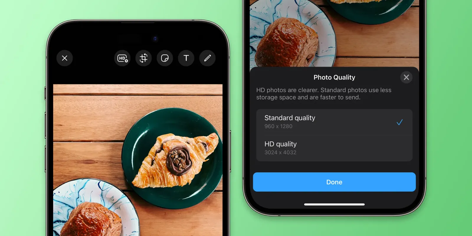 Capturas de ecrã da opção de envio de fotografias com resolução HD do Whatsapp, em inglês..