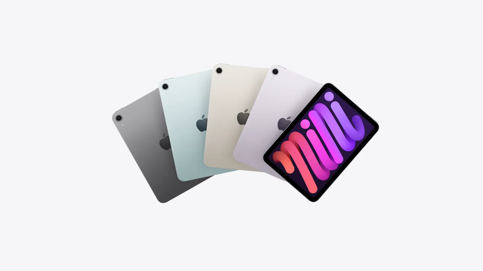 iPad mini 7 disponível nas cores cinzento sideral, azul, luz das estrelas e roxo.