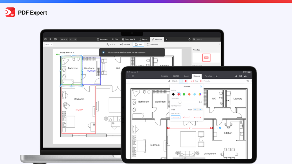 Pré-visualização das ferramentas de medição do PDF Expert no Mac e no iPad.