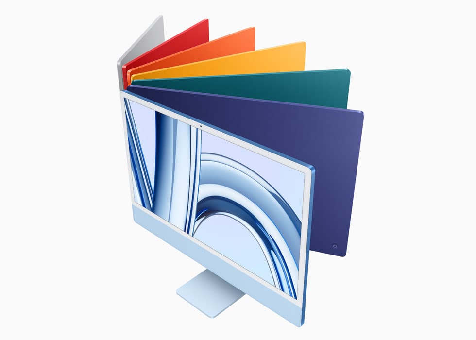 7 modelos do novo iMac M3 nas várias cores disponíveis e dispostos em leque. Apenas o primeiro está virado de frente.