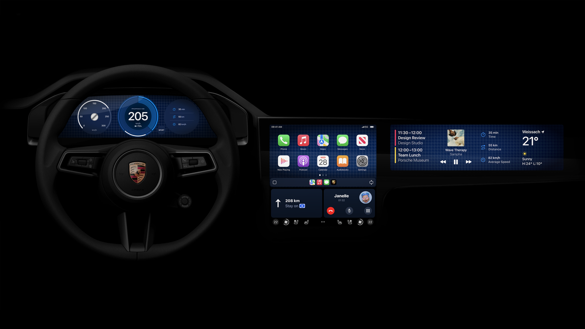 Pré-visualização do painel de um porsche com a próxima geração do Apple CarPlay, incluindo três ecrãs com a funcionalidade.