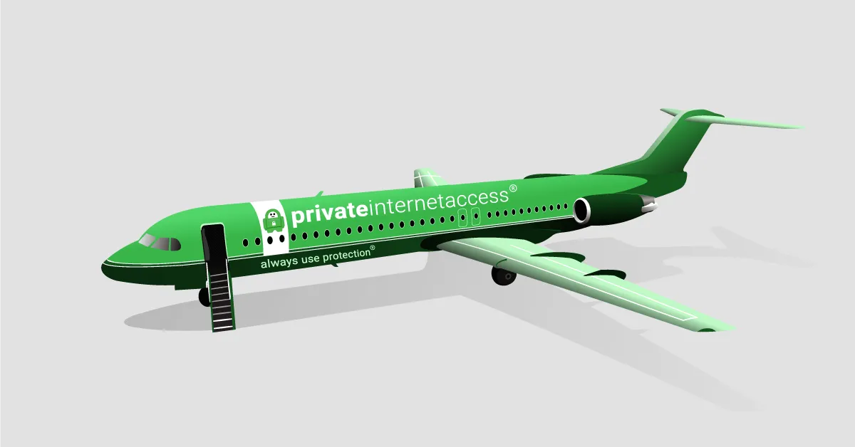 Desenho digital de um avião em que se pode ler "private internet access" e com o logo da marca.